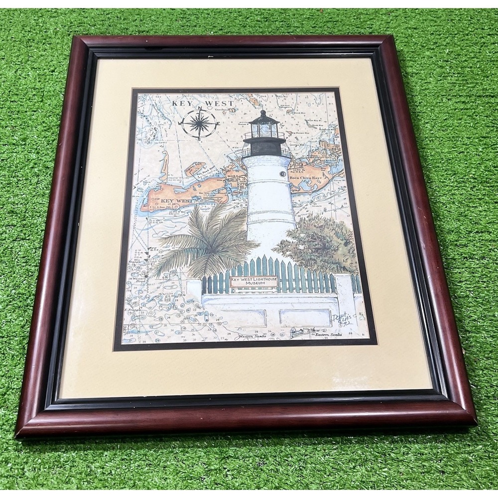 Vintage Key West Framed Art Florida Map Lighthouse Donna Elias '92 Nautical Deco
